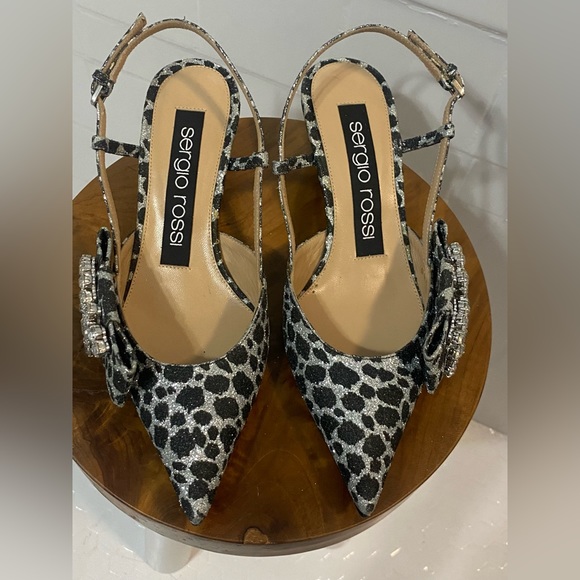 New SERGIO ROSSI Leopard Crystal Embellished Slingback Heels Shoes - Size 34 - Picture 1 of 8